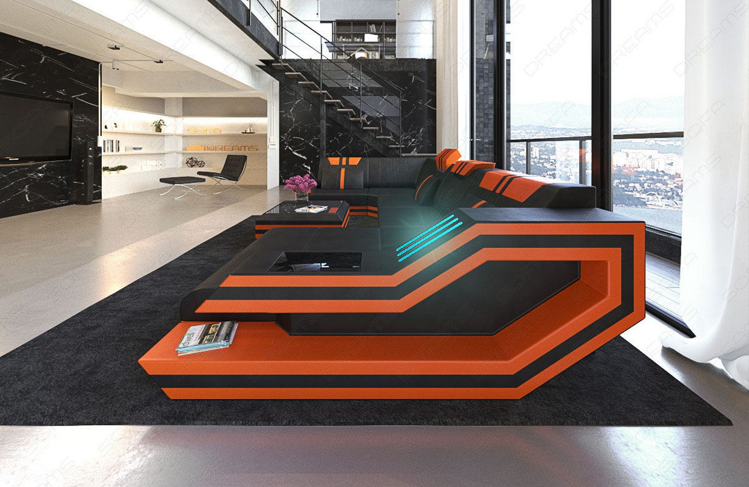 Ledersofa Wohnlandschaft Ravenna U-Form LED schwarz-orange