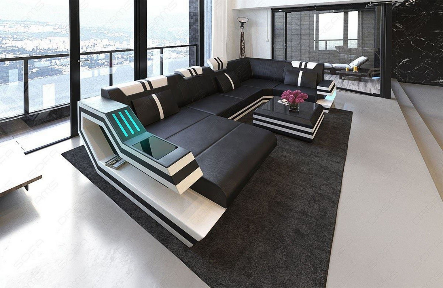 Ledersofa Wohnlandschaft Ravenna U-Form LED