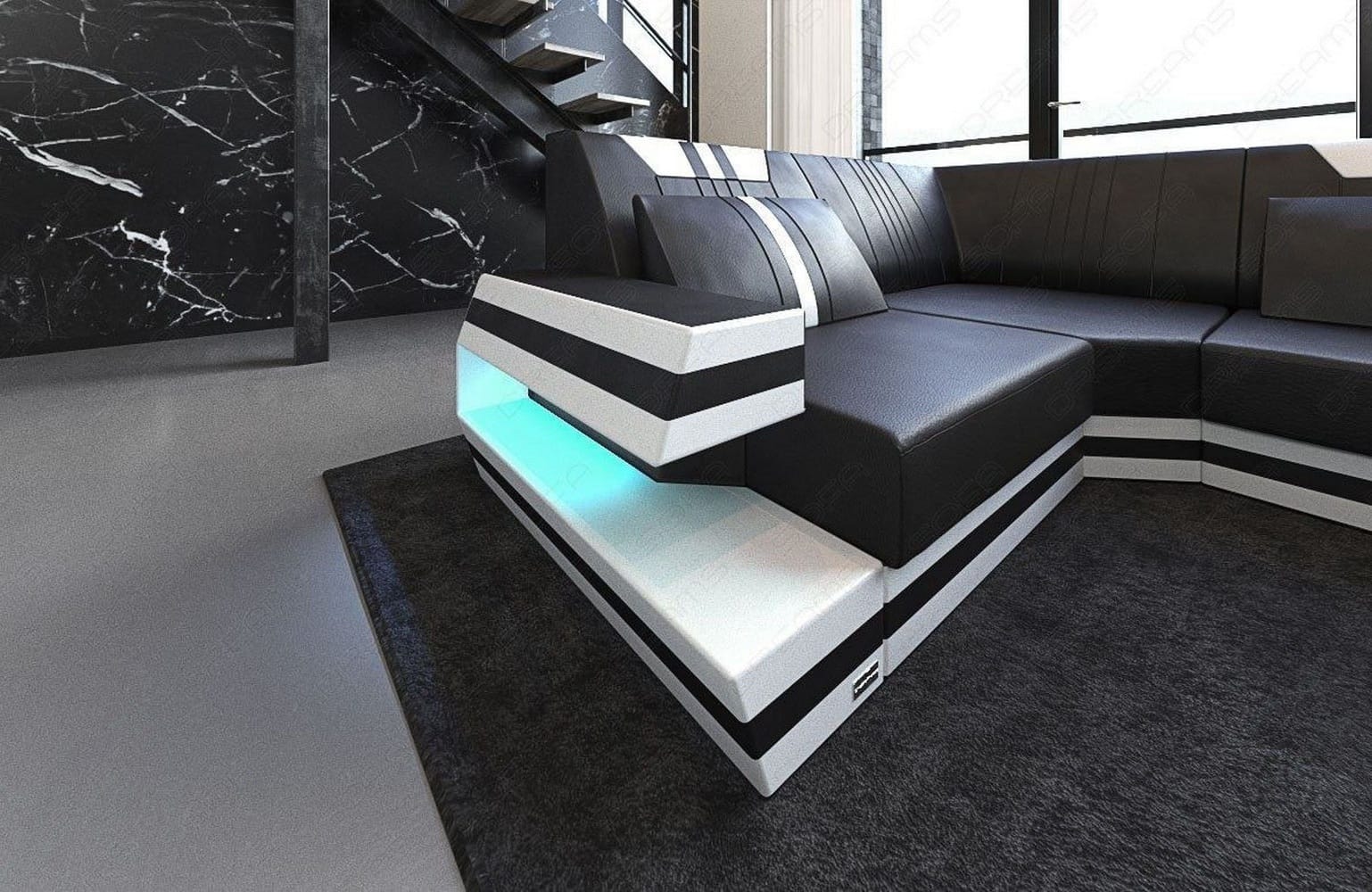 Ledersofa Wohnlandschaft Ravenna U-Form LED schwarz-weiß