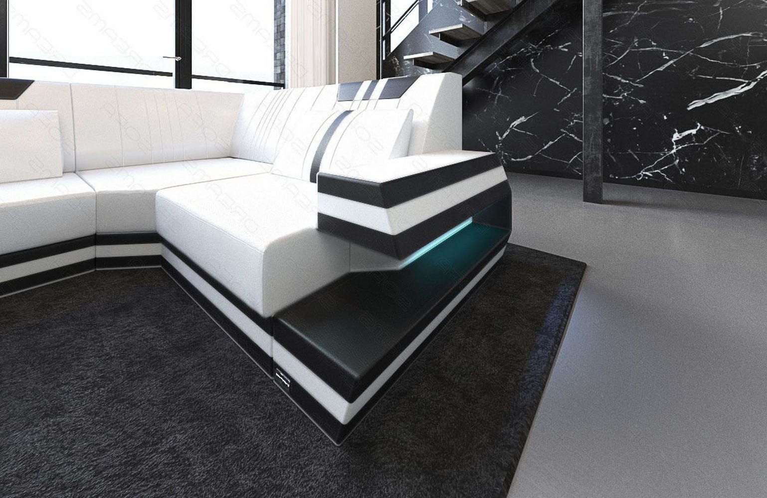Ledersofa Wohnlandschaft Ravenna U-Form LED weiß-schwarz