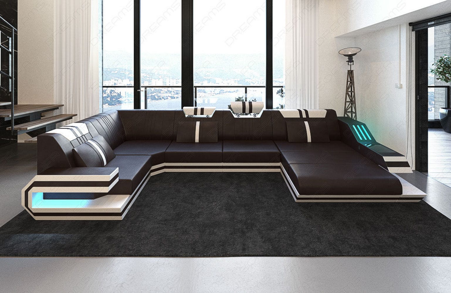 Ledersofa Wohnlandschaft Ravenna U-Form LED dunkelbraun-weiß