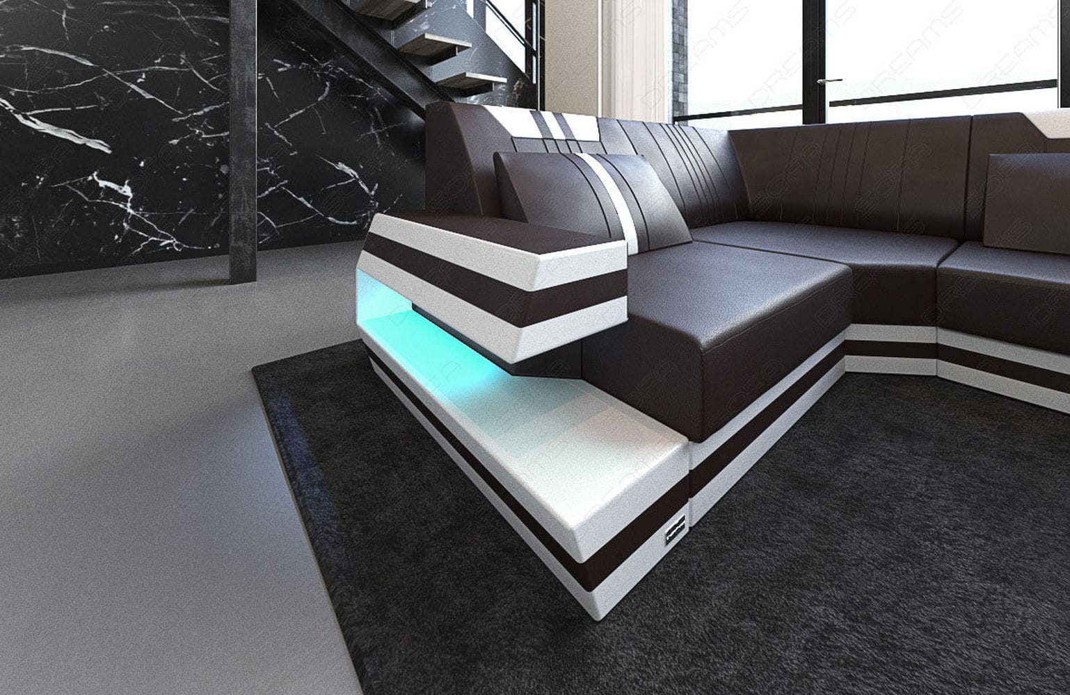 Ledersofa Wohnlandschaft Ravenna U-Form LED dunkelbraun-weiß