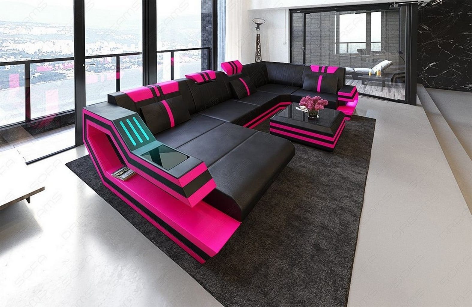 Ledersofa Wohnlandschaft Ravenna U-Form LED schwarz-pink