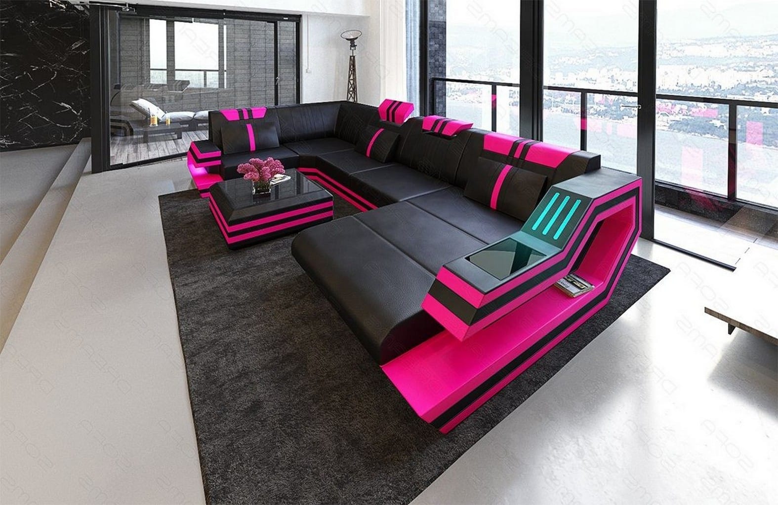 Ledersofa Wohnlandschaft Ravenna U-Form LED schwarz-pink