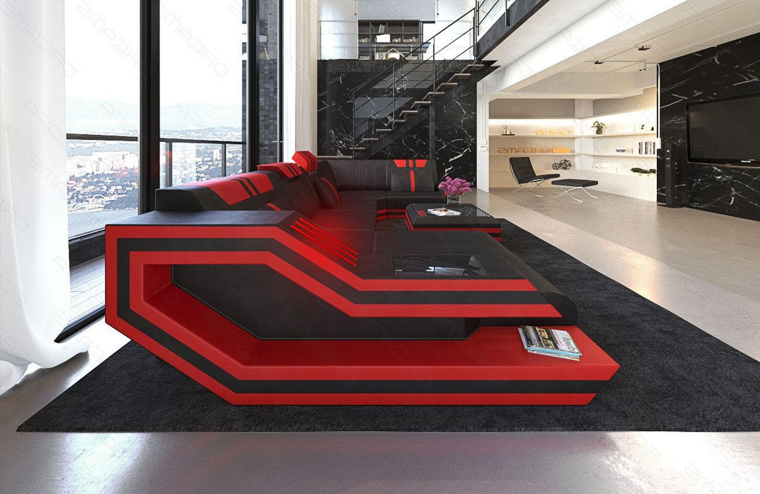 Ledersofa Wohnlandschaft Ravenna U-Form LED schwarz-rot