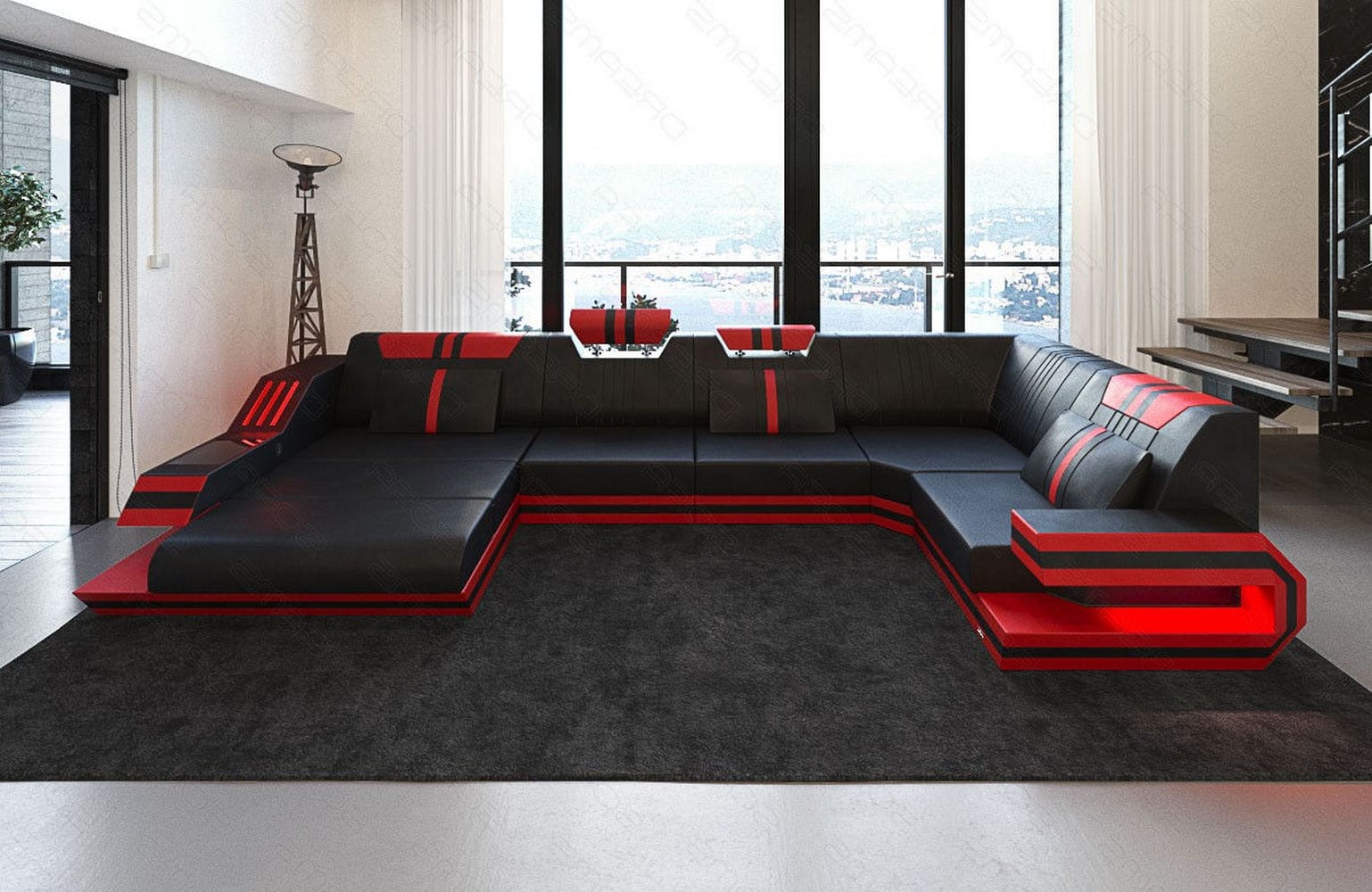 Ledersofa Wohnlandschaft Ravenna U-Form LED schwarz-rot