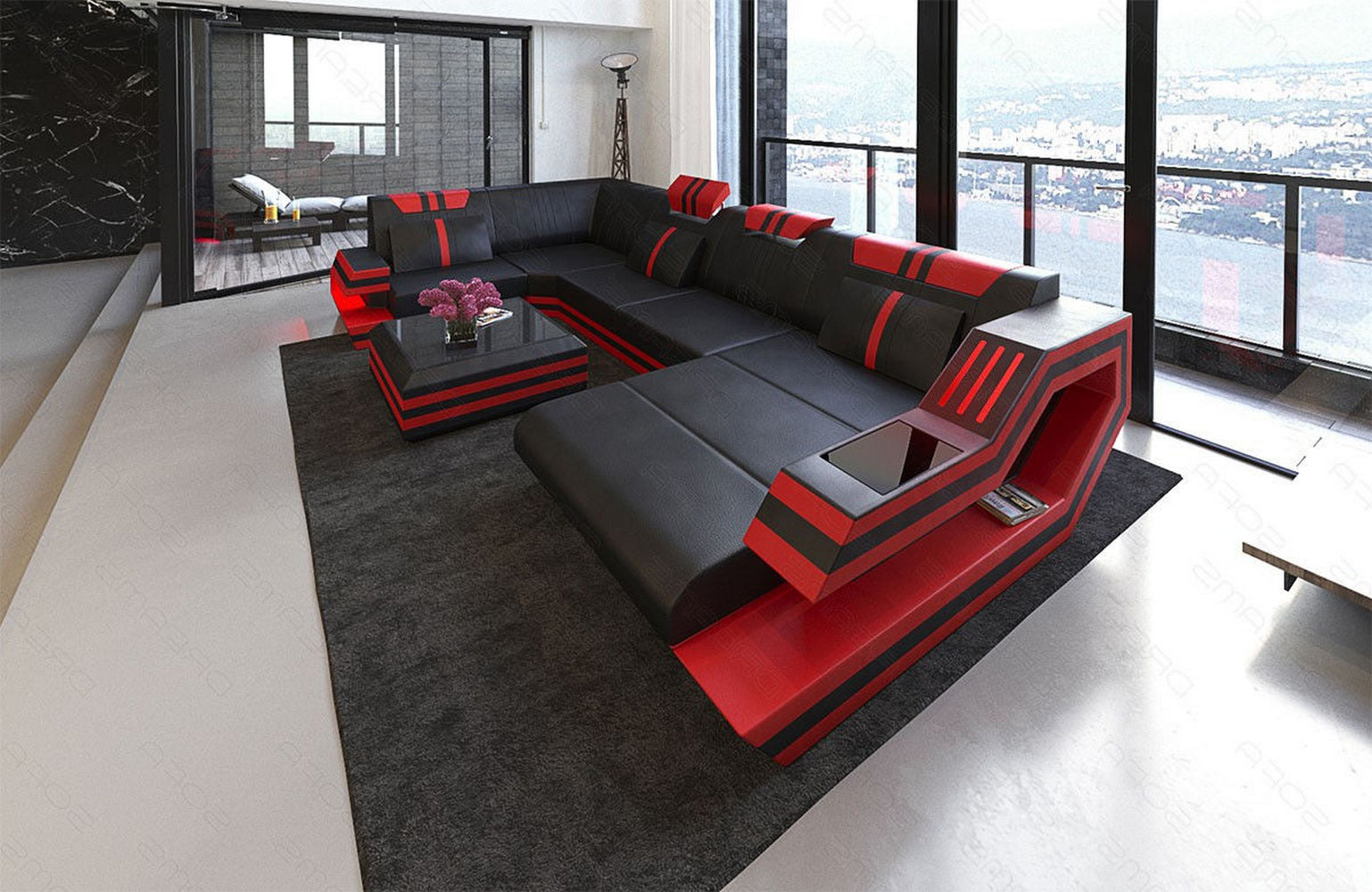 Ledersofa Wohnlandschaft Ravenna U-Form LED
