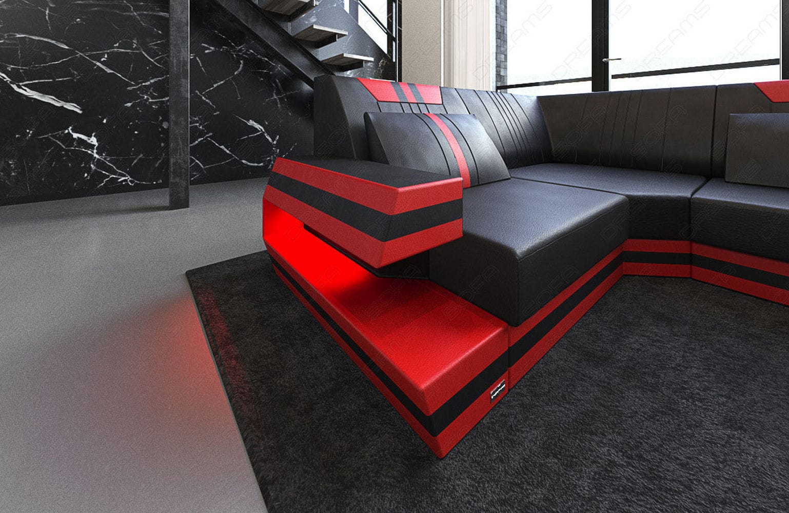 Ledersofa Wohnlandschaft Ravenna U-Form LED schwarz-rot