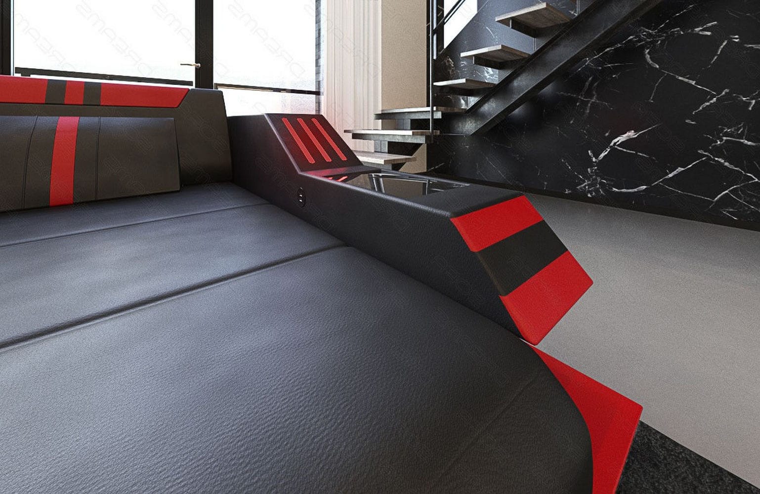Ledersofa Wohnlandschaft Ravenna U-Form LED schwarz-rot