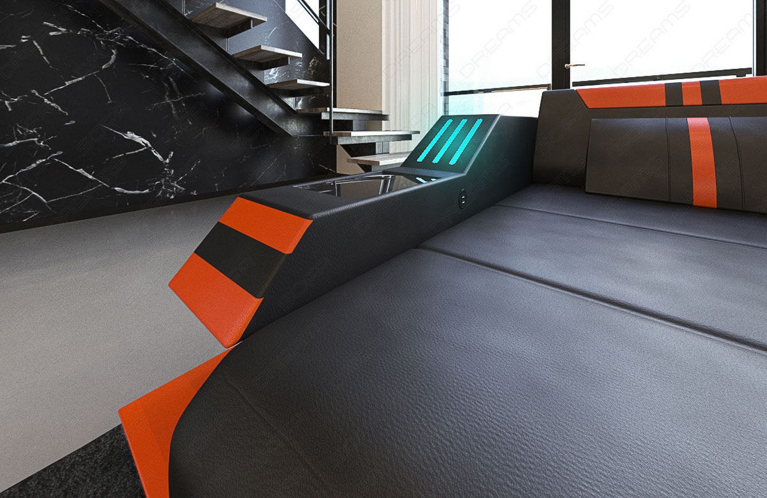 Ledersofa Wohnlandschaft Ravenna U-Form LED schwarz-orange