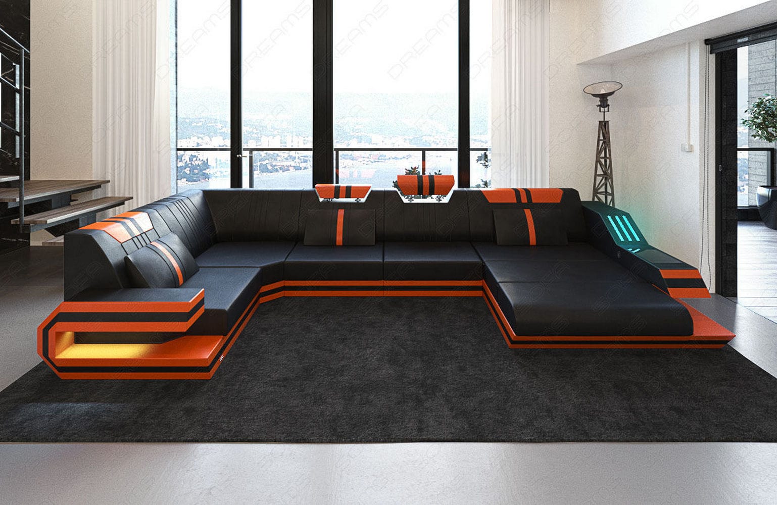 Ledersofa Wohnlandschaft Ravenna U-Form LED schwarz-orange