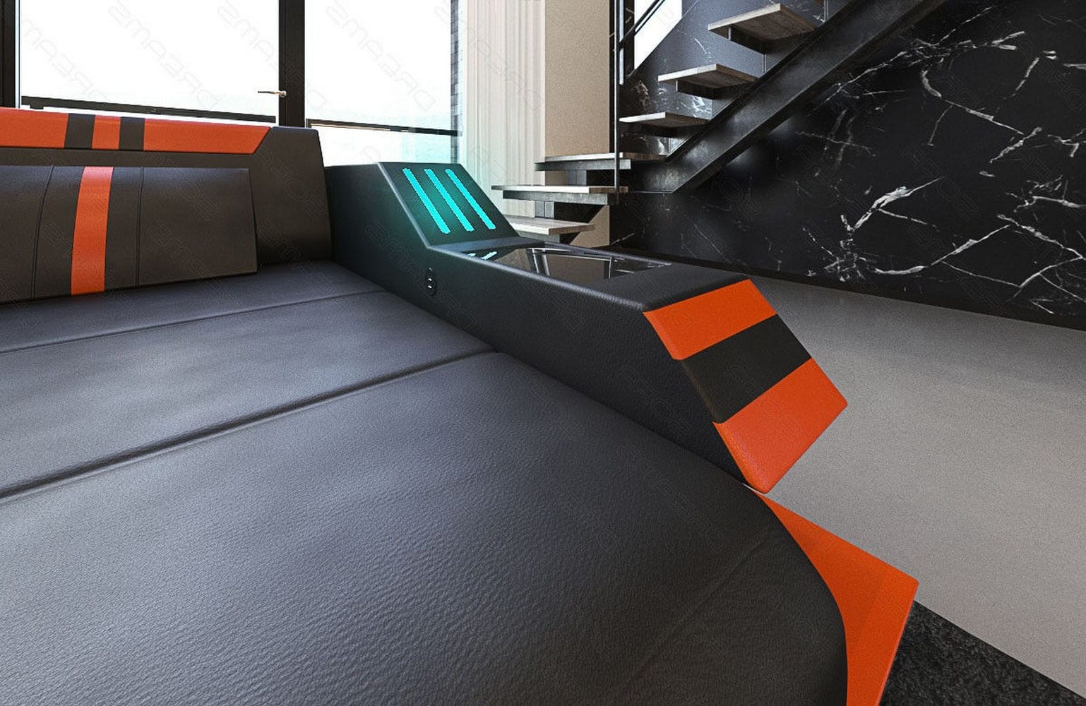 Ledersofa Wohnlandschaft Ravenna U-Form LED schwarz-orange