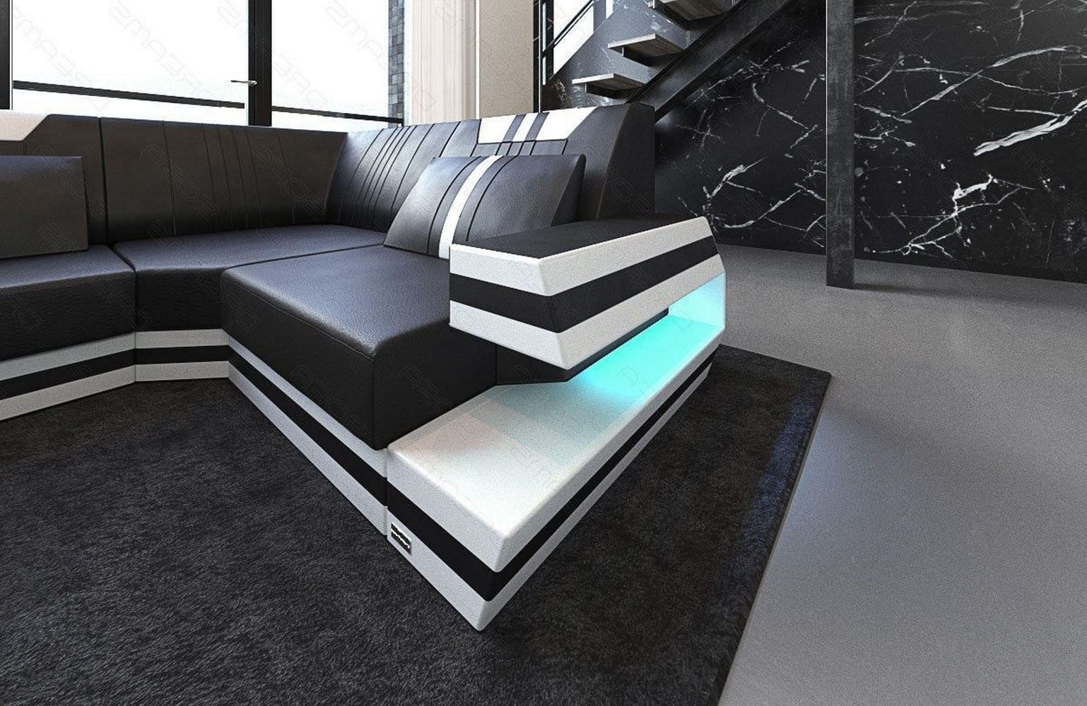 Ledersofa Wohnlandschaft Ravenna U-Form LED schwarz-weiß