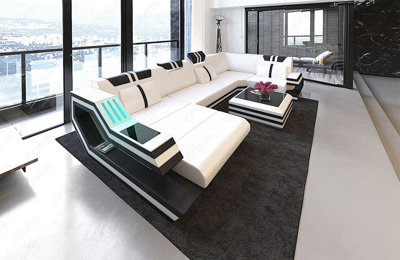 Ledersofa Wohnlandschaft Ravenna U-Form LED weiß-schwarz