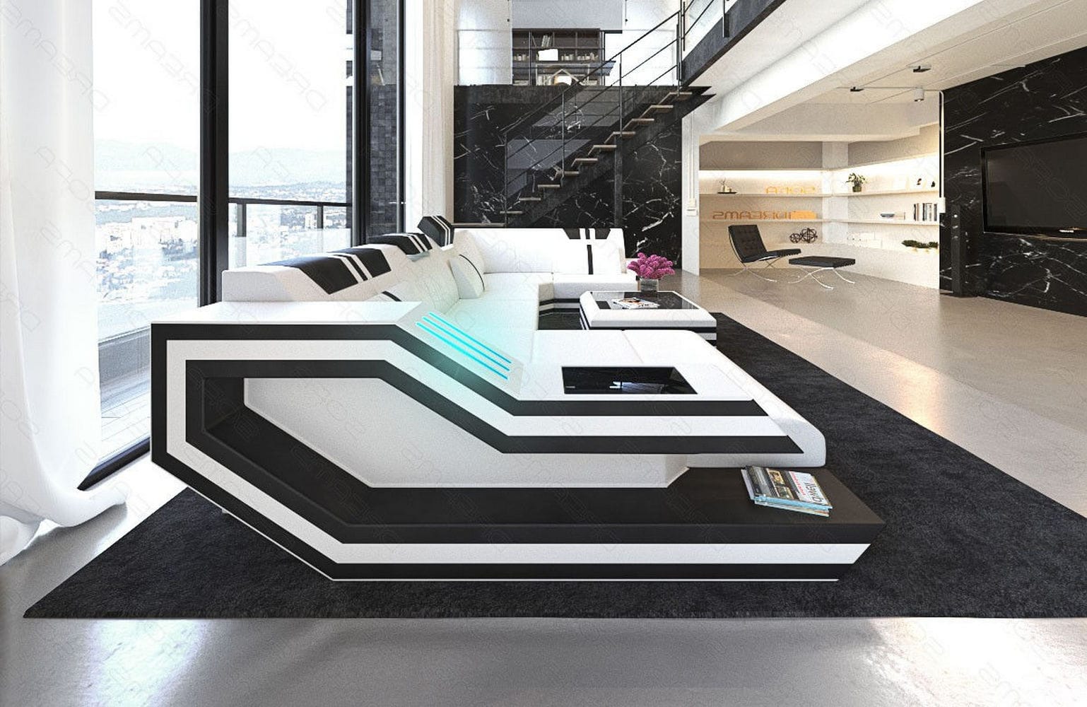 Ledersofa Wohnlandschaft Ravenna U-Form LED weiß-schwarz