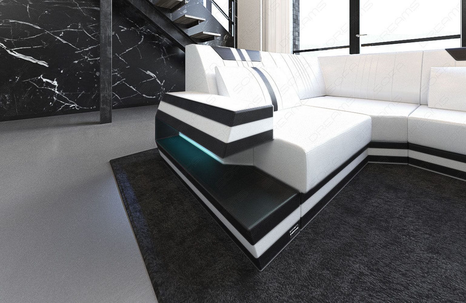 Ledersofa Wohnlandschaft Ravenna U-Form LED weiß-schwarz