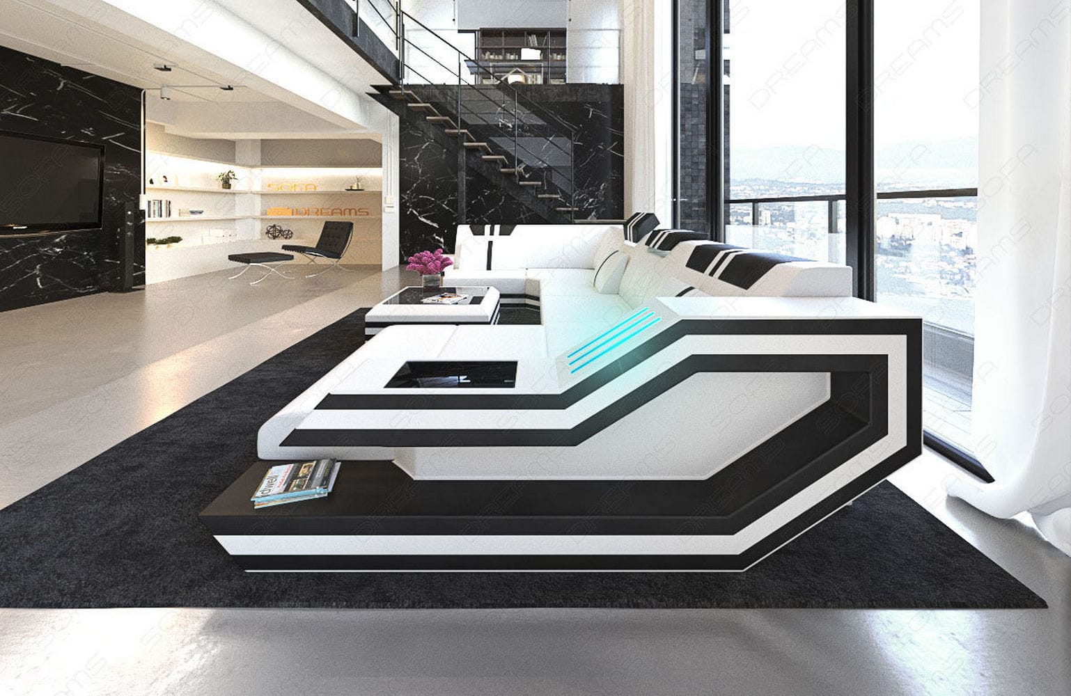 Ledersofa Wohnlandschaft Ravenna U-Form LED weiß-schwarz