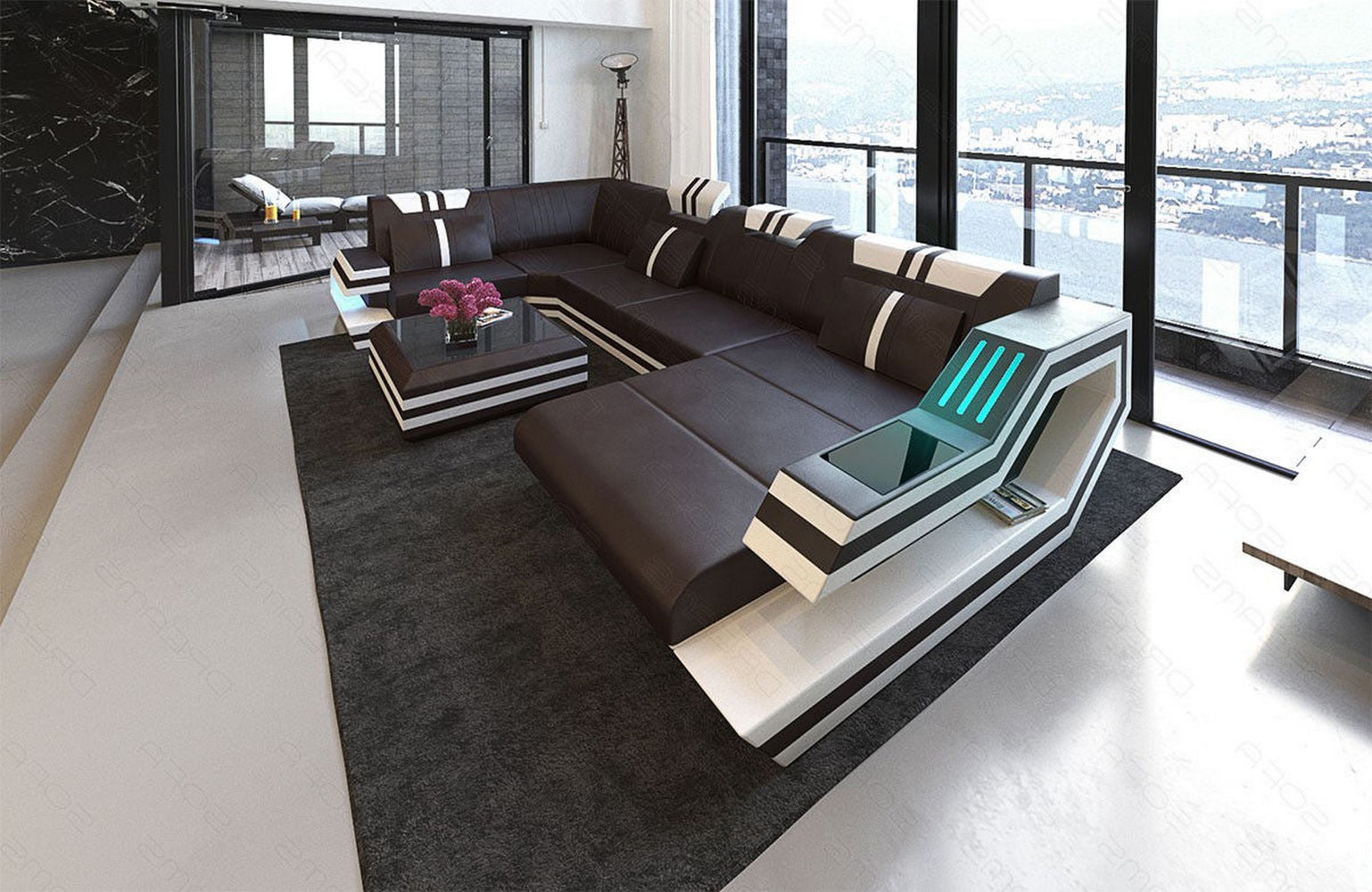 Ledersofa Wohnlandschaft Ravenna U-Form LED