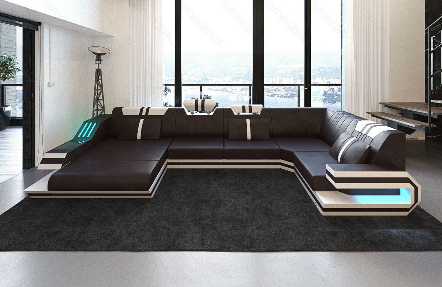 Ledersofa Wohnlandschaft Ravenna U-Form LED dunkelbraun-weiß