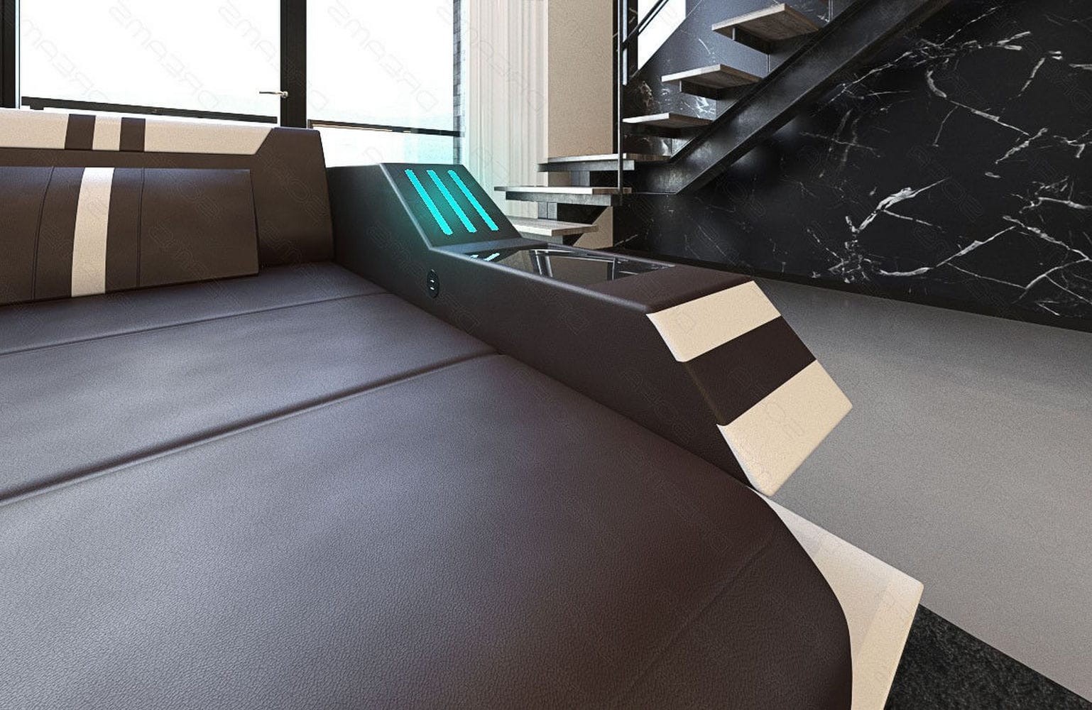 Ledersofa Wohnlandschaft Ravenna U-Form LED dunkelbraun-weiß
