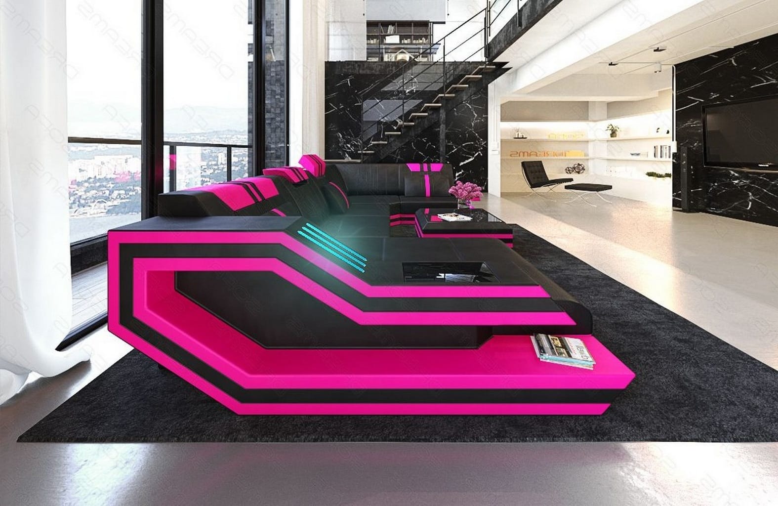 Ledersofa Wohnlandschaft Ravenna U-Form LED schwarz-pink