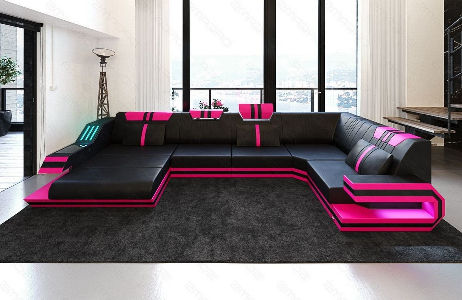 Ledersofa Wohnlandschaft Ravenna U-Form LED schwarz-pink