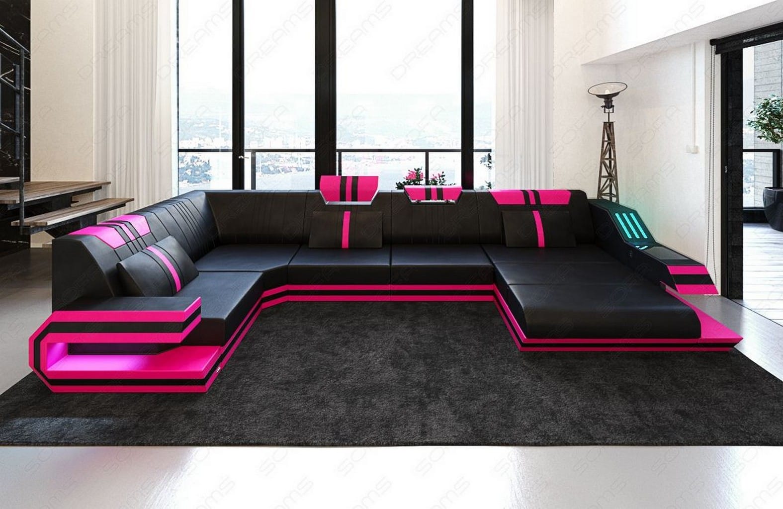 Ledersofa Wohnlandschaft Ravenna U-Form LED schwarz-pink