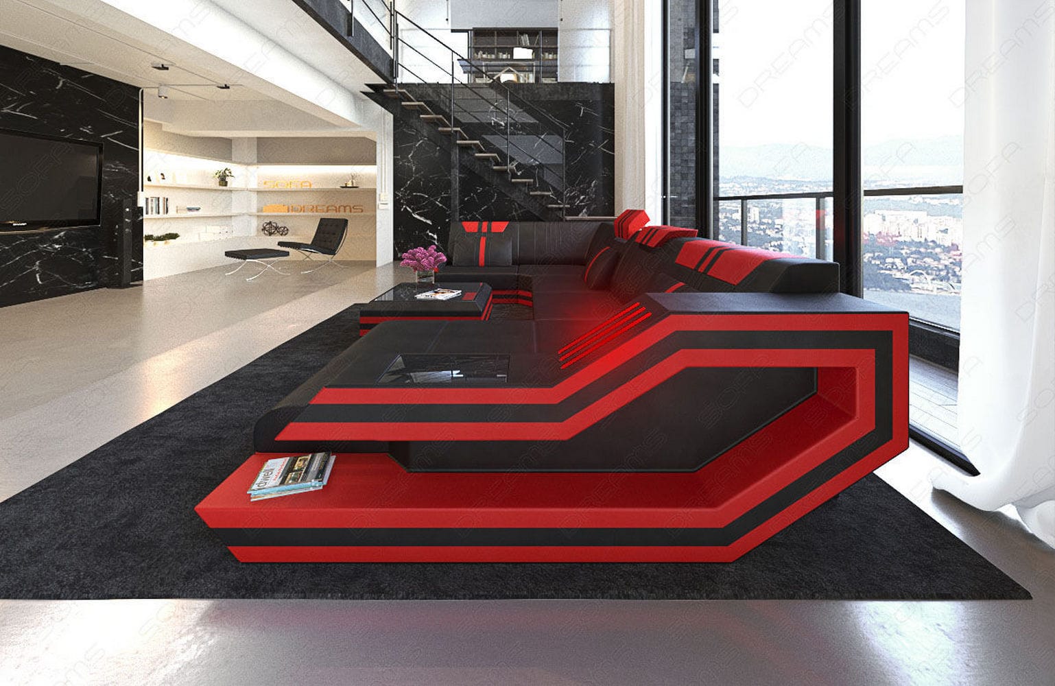 Ledersofa Wohnlandschaft Ravenna U-Form LED schwarz-rot