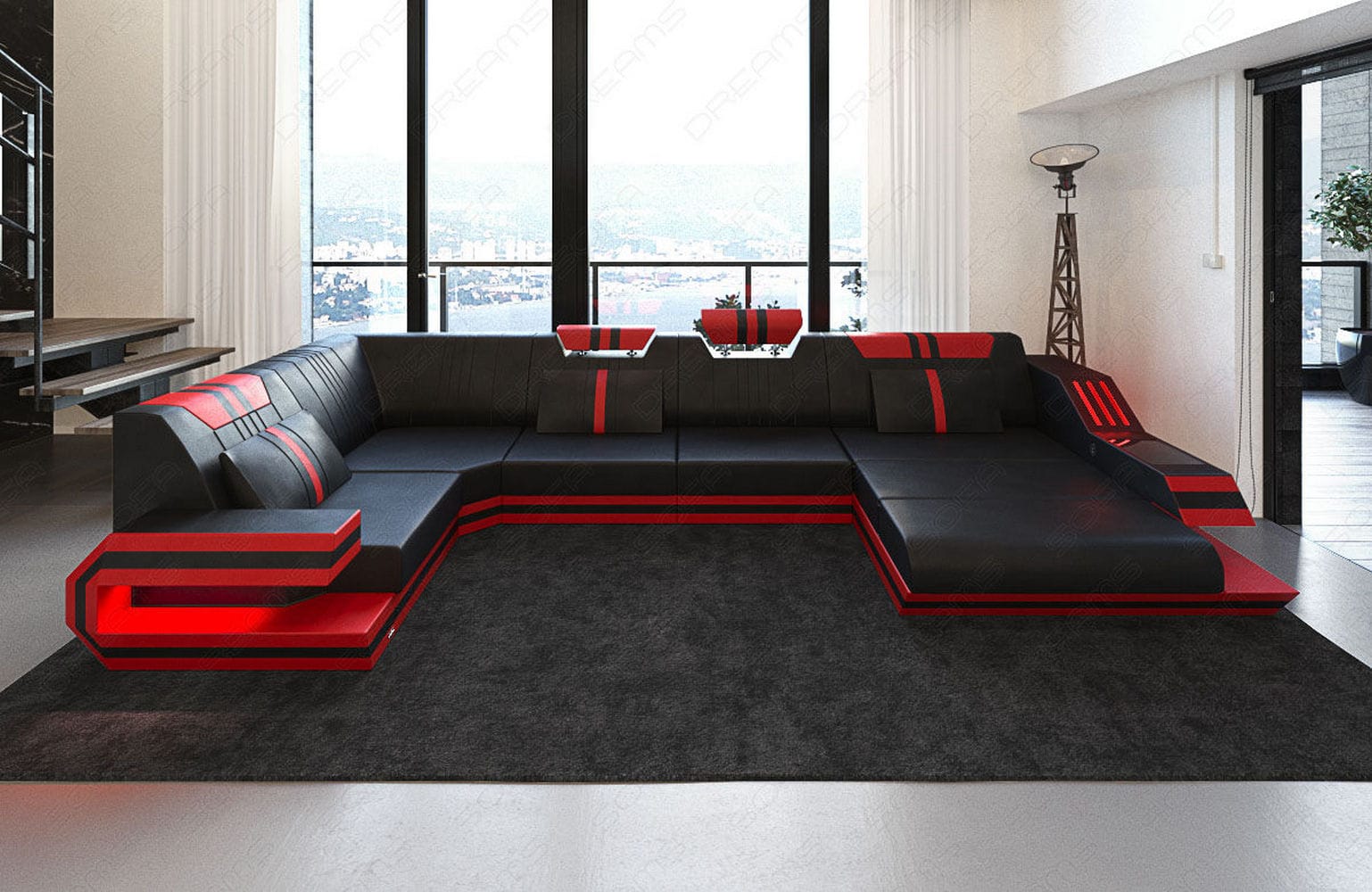 Ledersofa Wohnlandschaft Ravenna U-Form LED schwarz-rot
