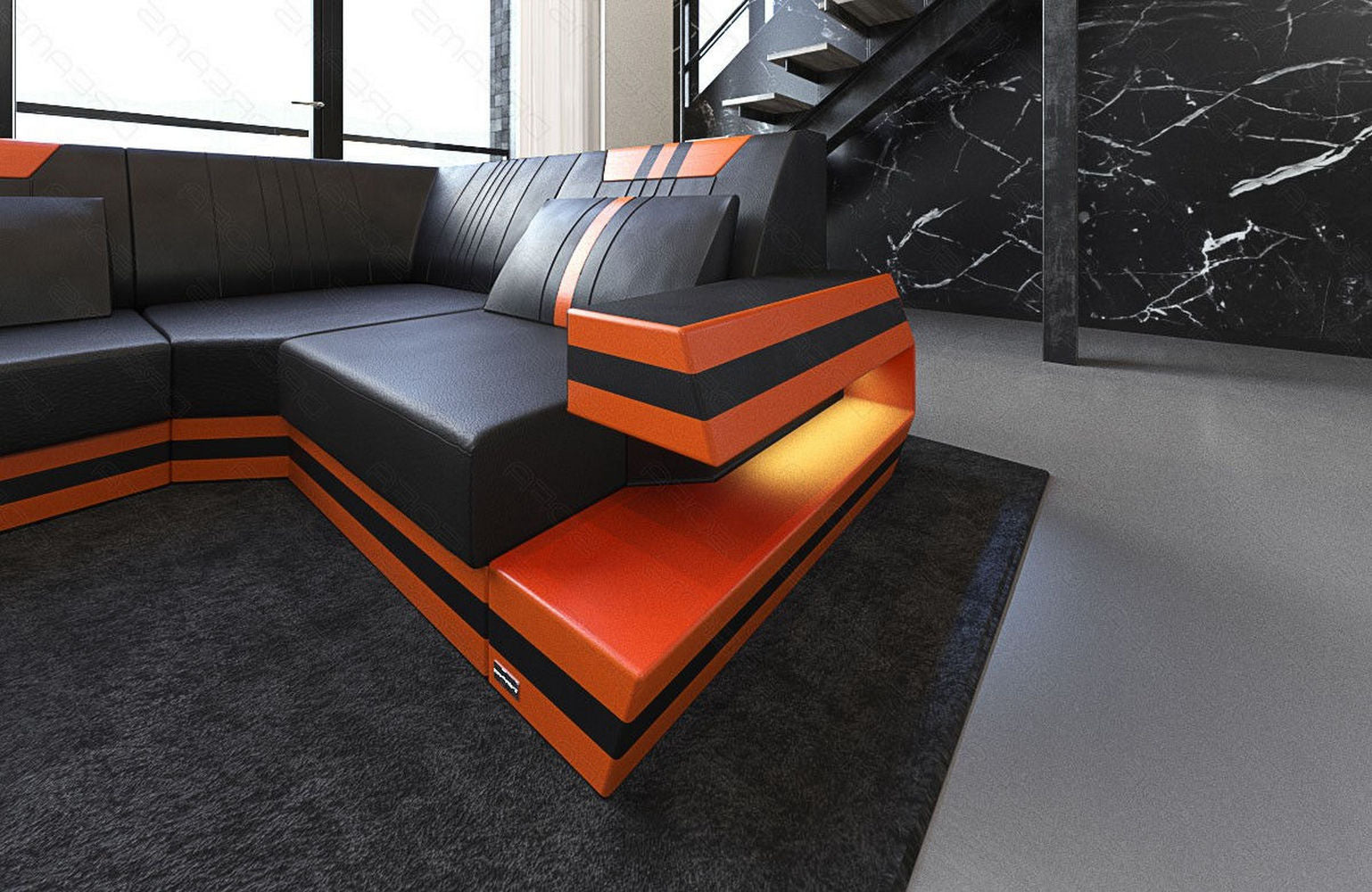 Ledersofa Wohnlandschaft Ravenna U-Form LED schwarz-orange