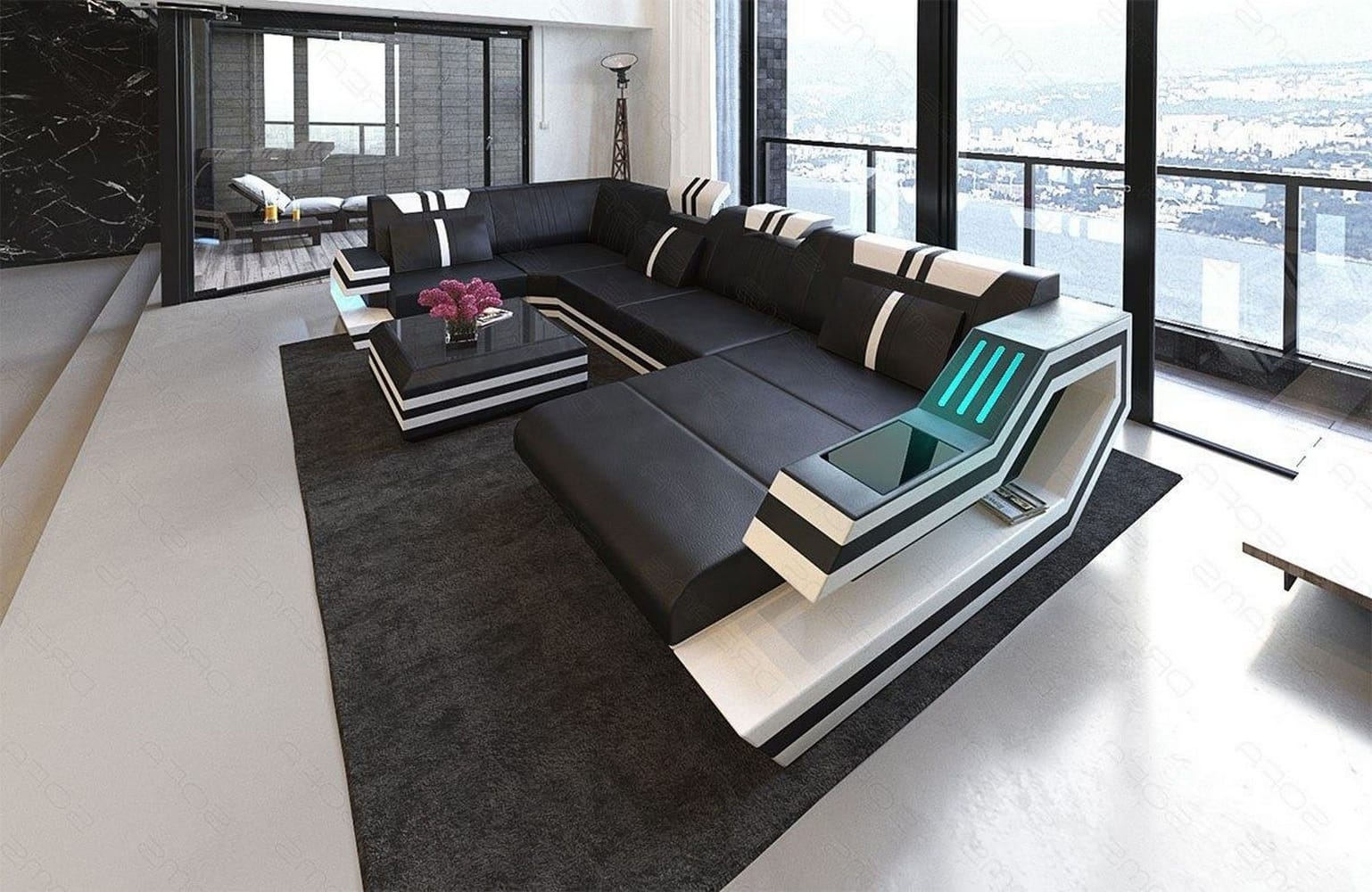 Ledersofa Wohnlandschaft Ravenna U-Form LED schwarz-weiß