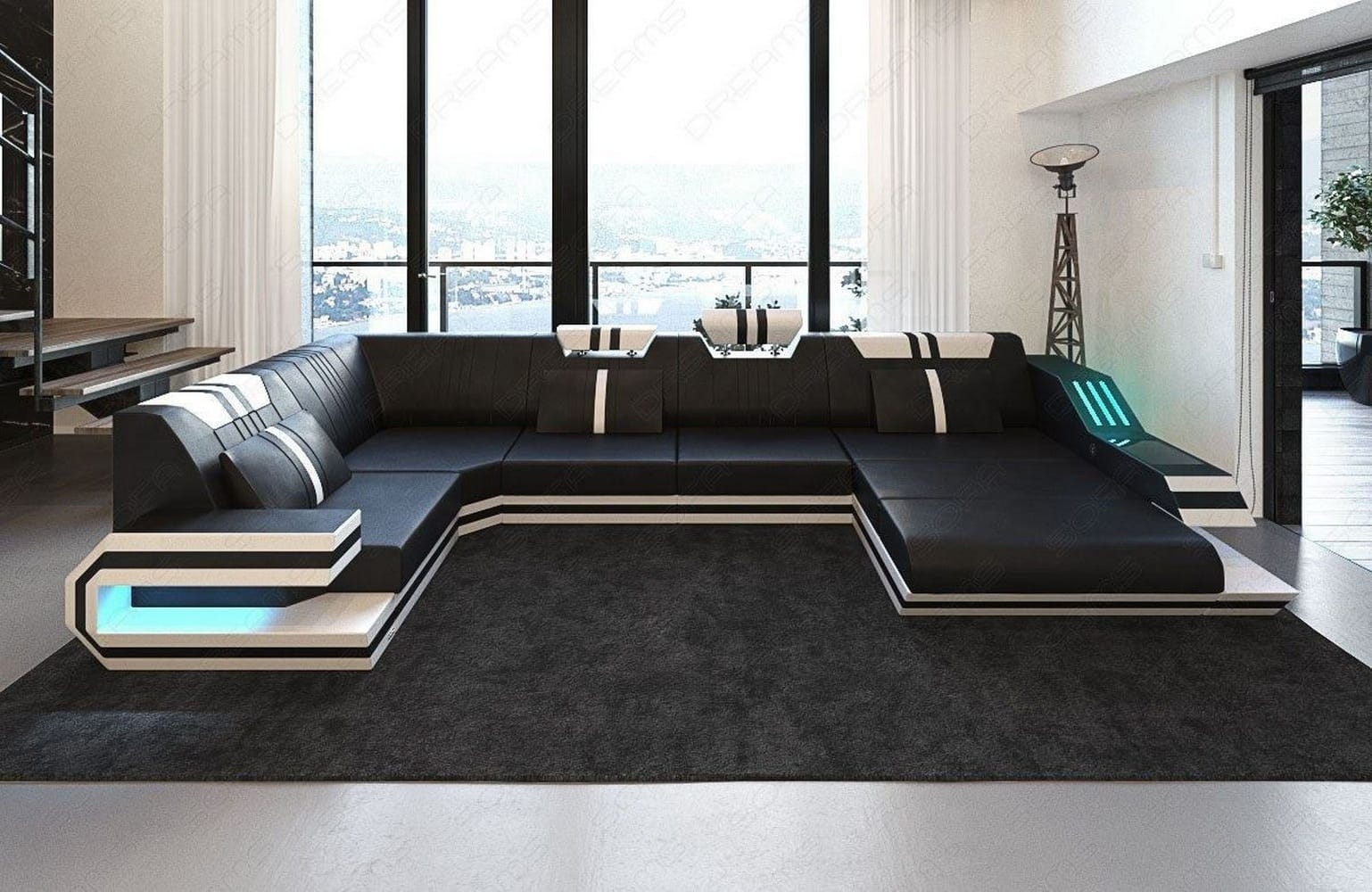 Ledersofa Wohnlandschaft Ravenna U-Form LED schwarz-weiß
