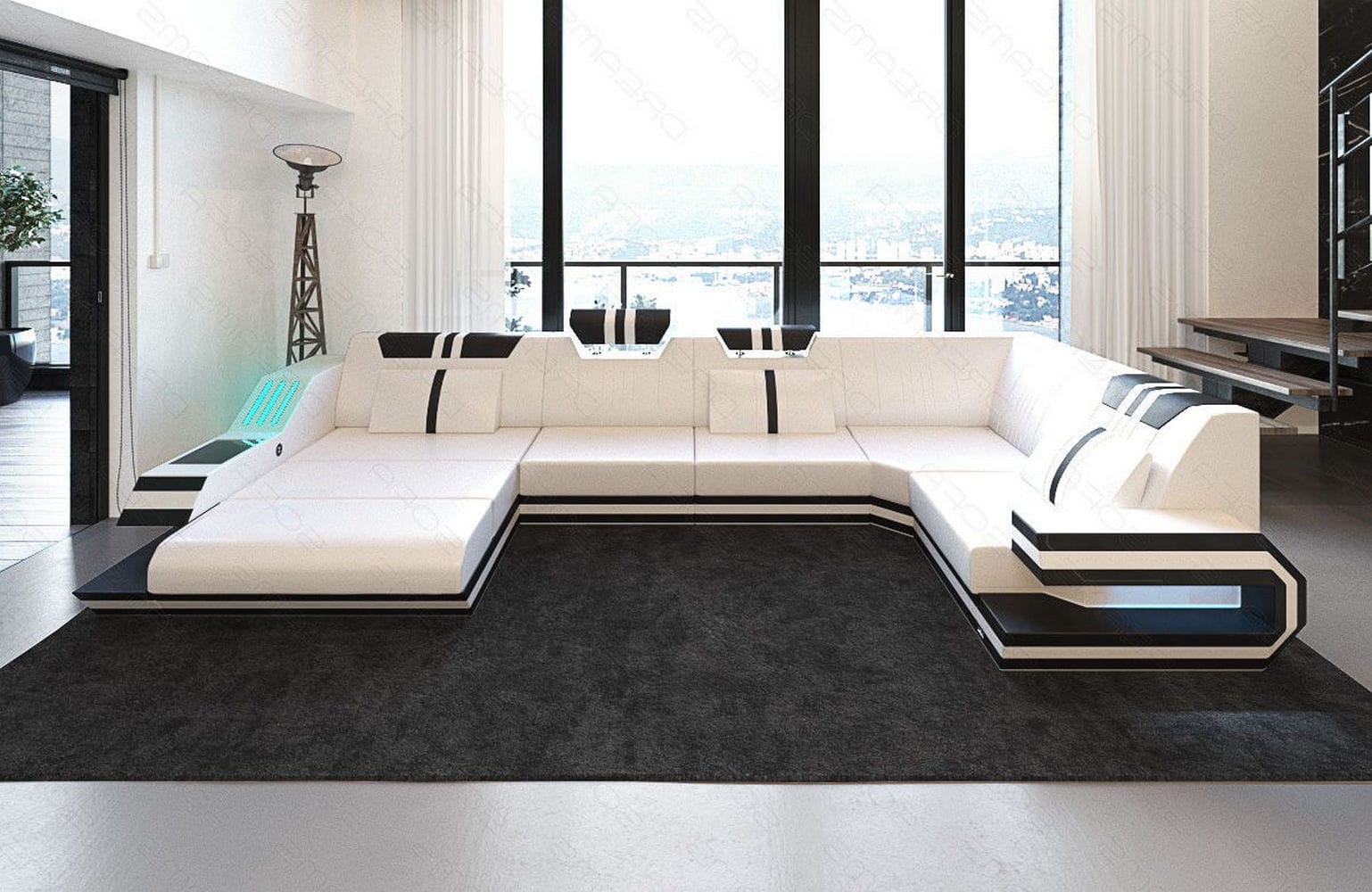 Ledersofa Wohnlandschaft Ravenna U-Form LED weiß-schwarz