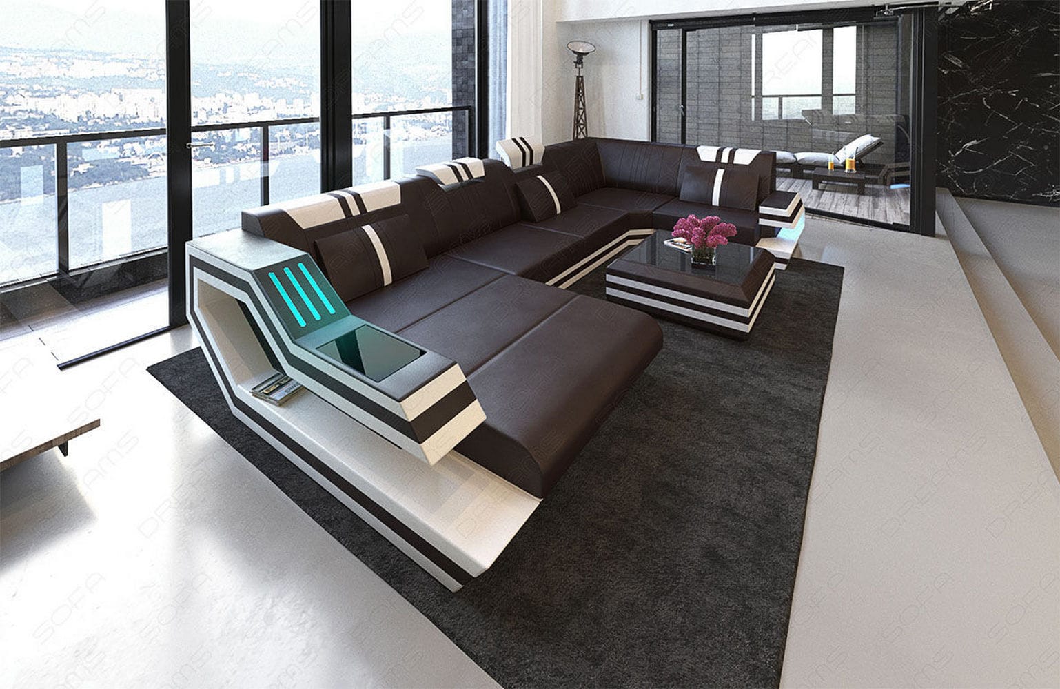Ledersofa Wohnlandschaft Ravenna U-Form LED dunkelbraun-weiß