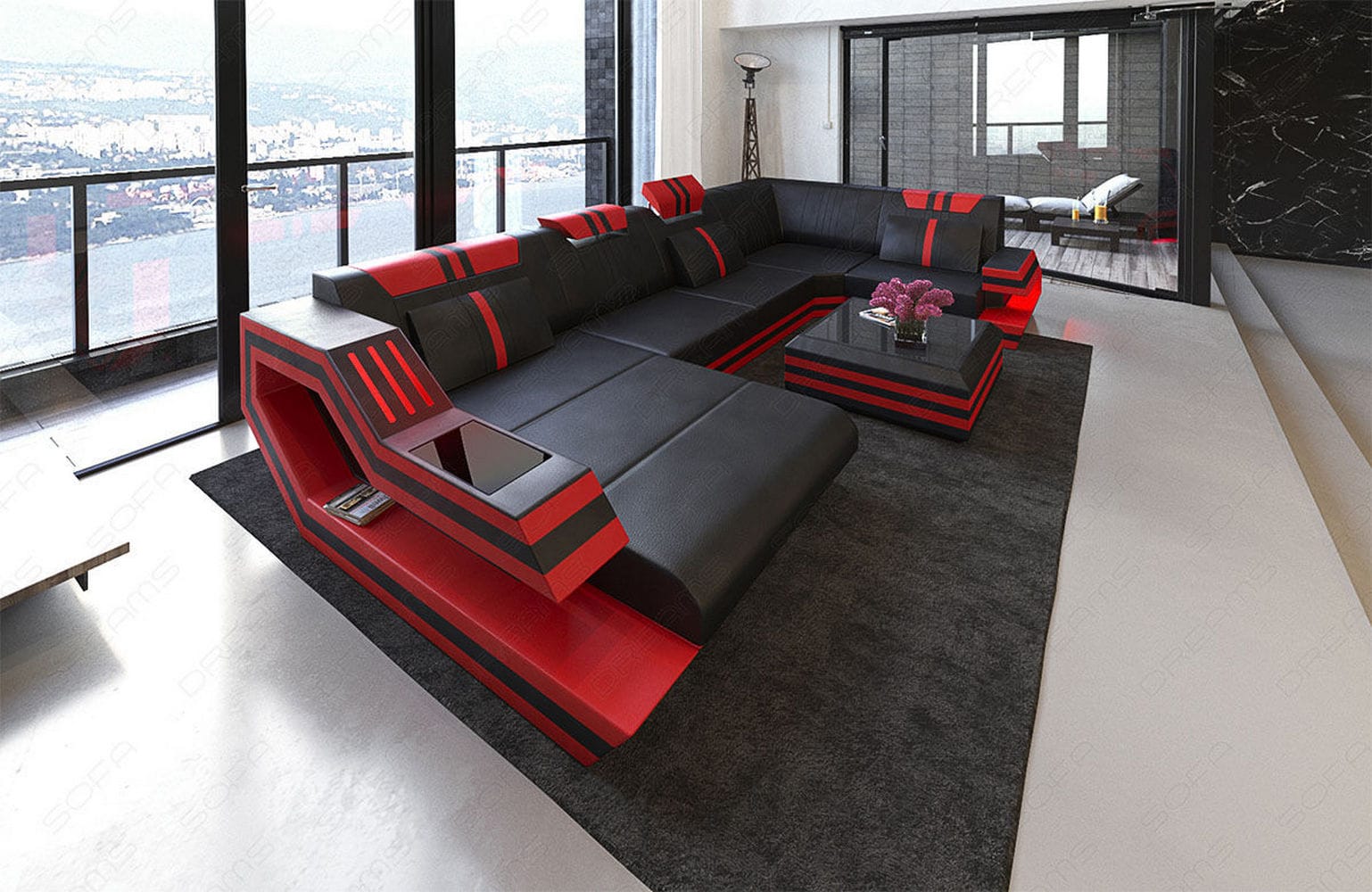 Ledersofa Wohnlandschaft Ravenna U-Form LED schwarz-rot