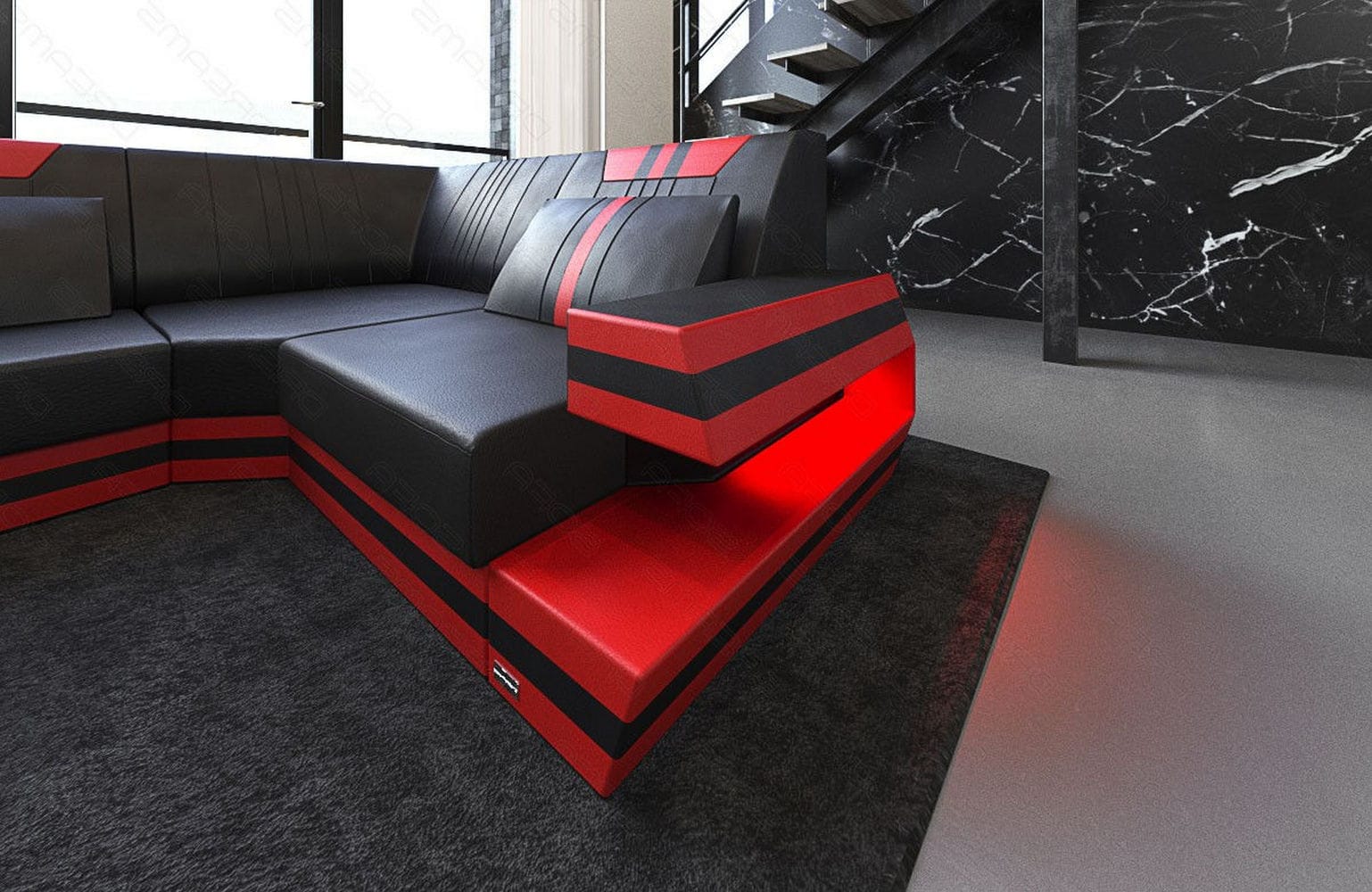 Ledersofa Wohnlandschaft Ravenna U-Form LED schwarz-rot