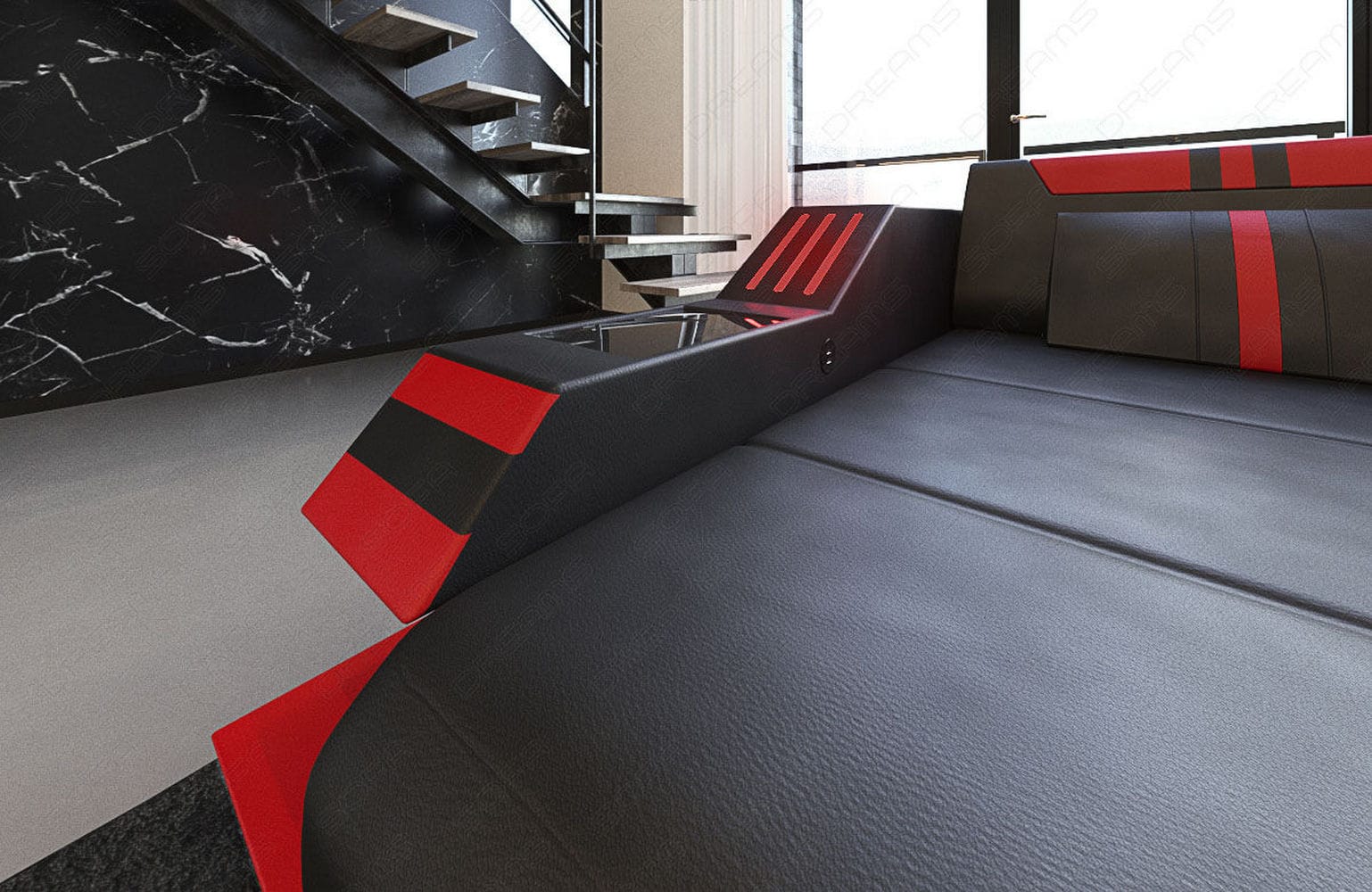 Ledersofa Wohnlandschaft Ravenna U-Form LED schwarz-rot