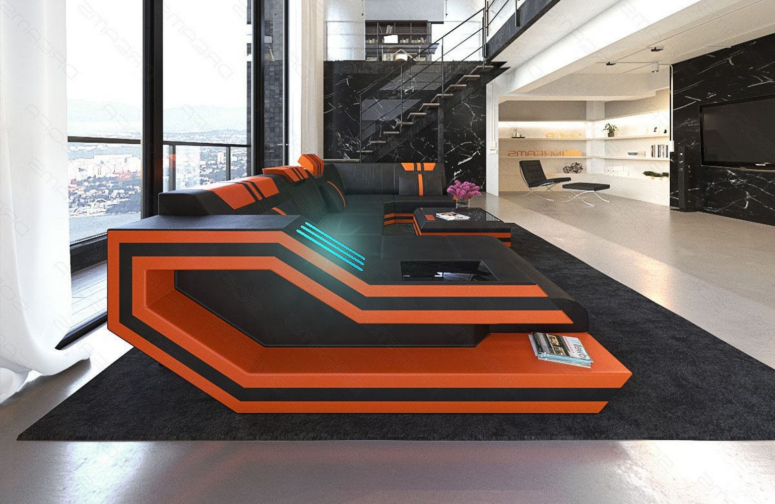Ledersofa Wohnlandschaft Ravenna U-Form LED schwarz-orange