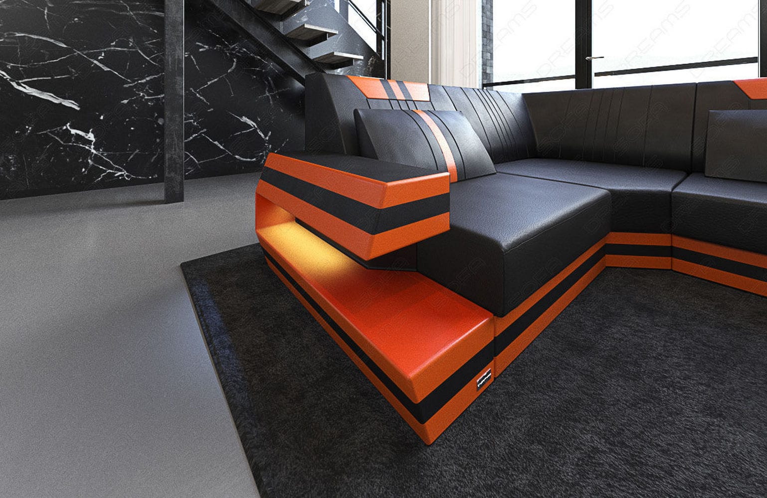 Ledersofa Wohnlandschaft Ravenna U-Form LED schwarz-orange