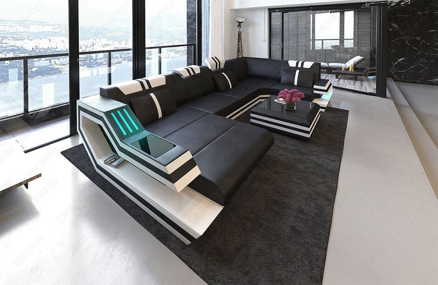 Ledersofa Wohnlandschaft Ravenna U-Form LED schwarz-weiß