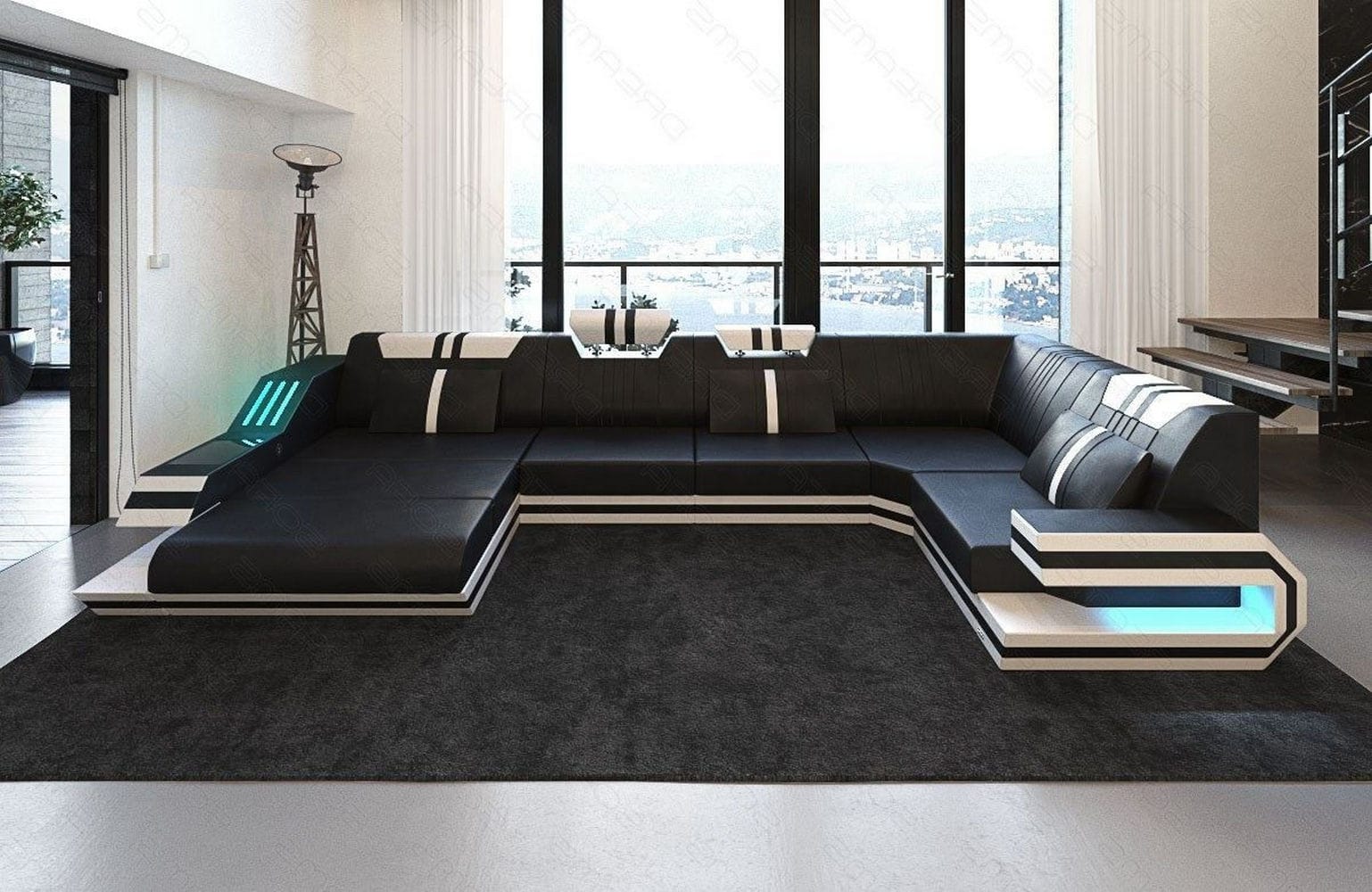 Ledersofa Wohnlandschaft Ravenna U-Form LED schwarz-weiß