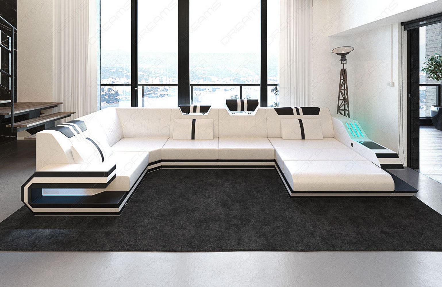Ledersofa Wohnlandschaft Ravenna U-Form LED weiß-schwarz