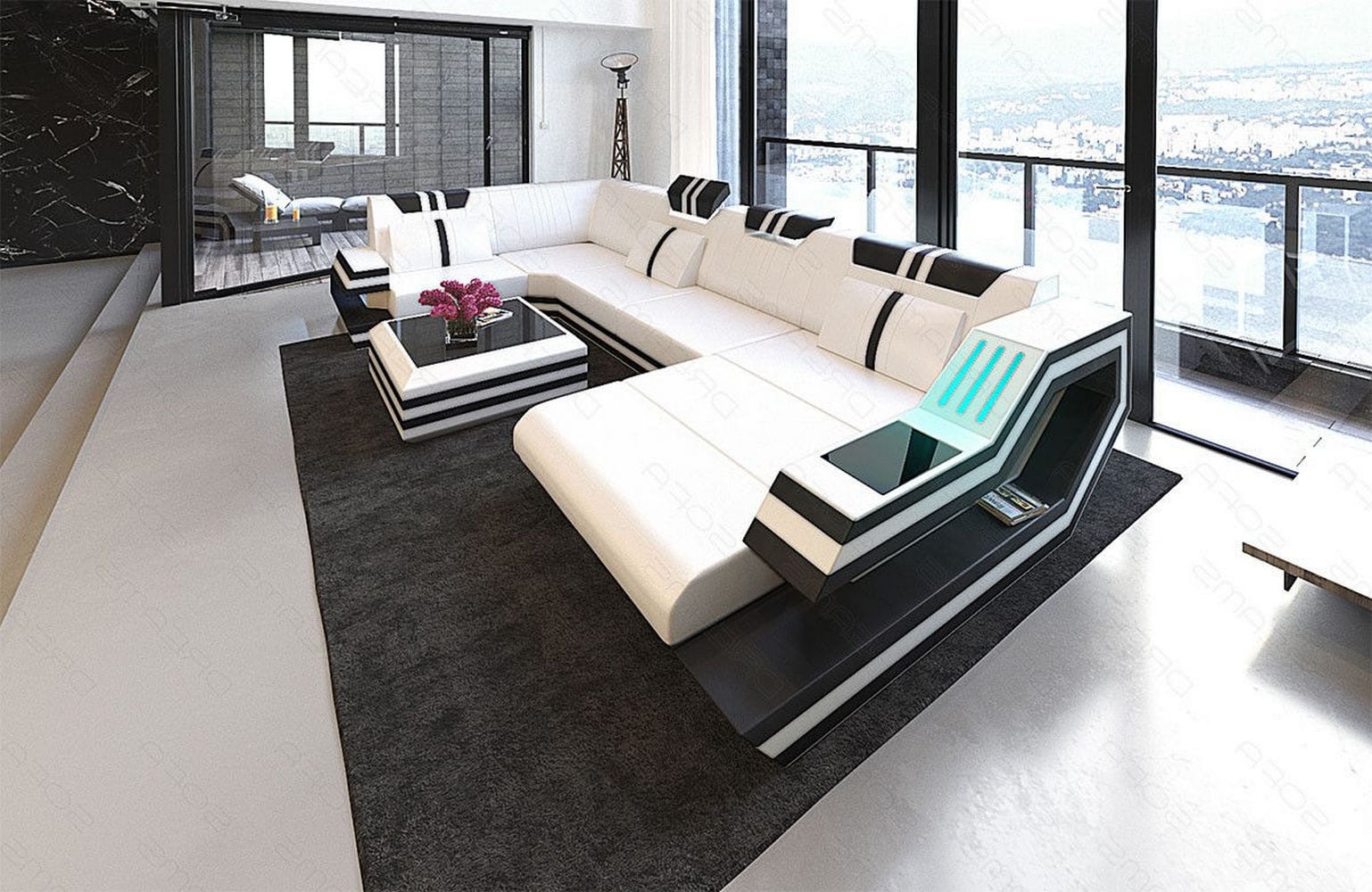Ledersofa Wohnlandschaft Ravenna U-Form LED weiß-schwarz