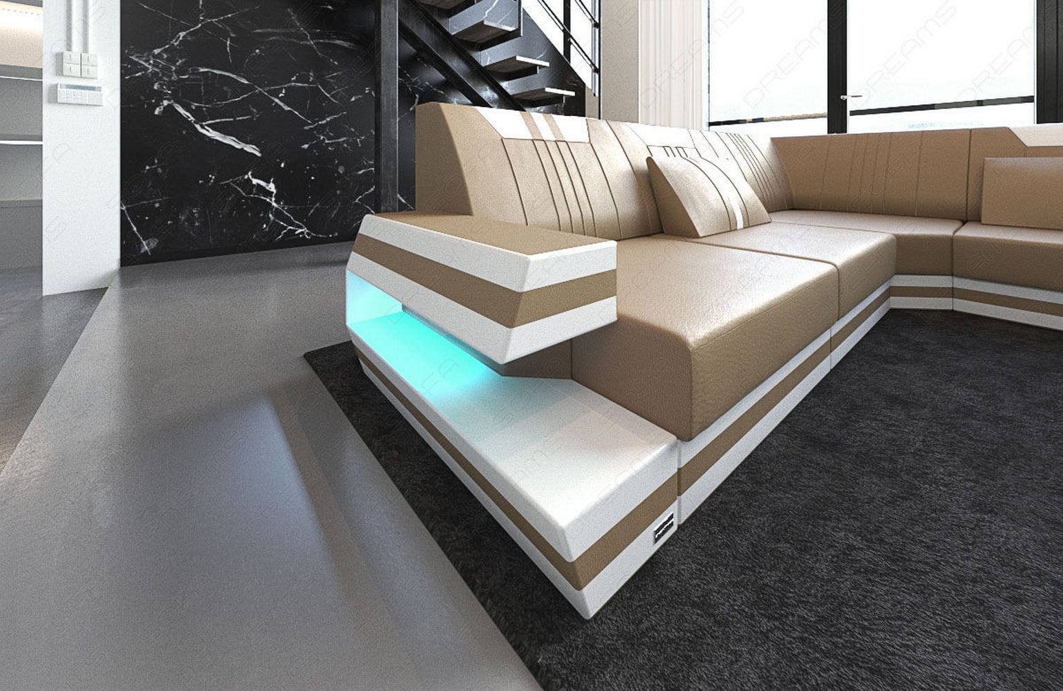 Ledersofa Wohnlandschaft Ravenna XL mit LED sandbeige-weiß