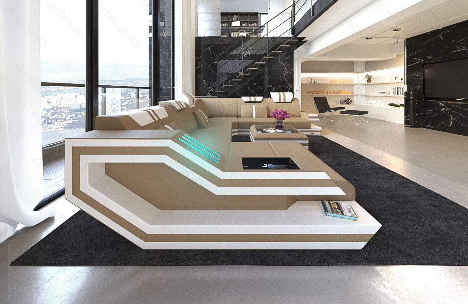 Ledersofa Wohnlandschaft Ravenna XL mit LED sandbeige-weiß