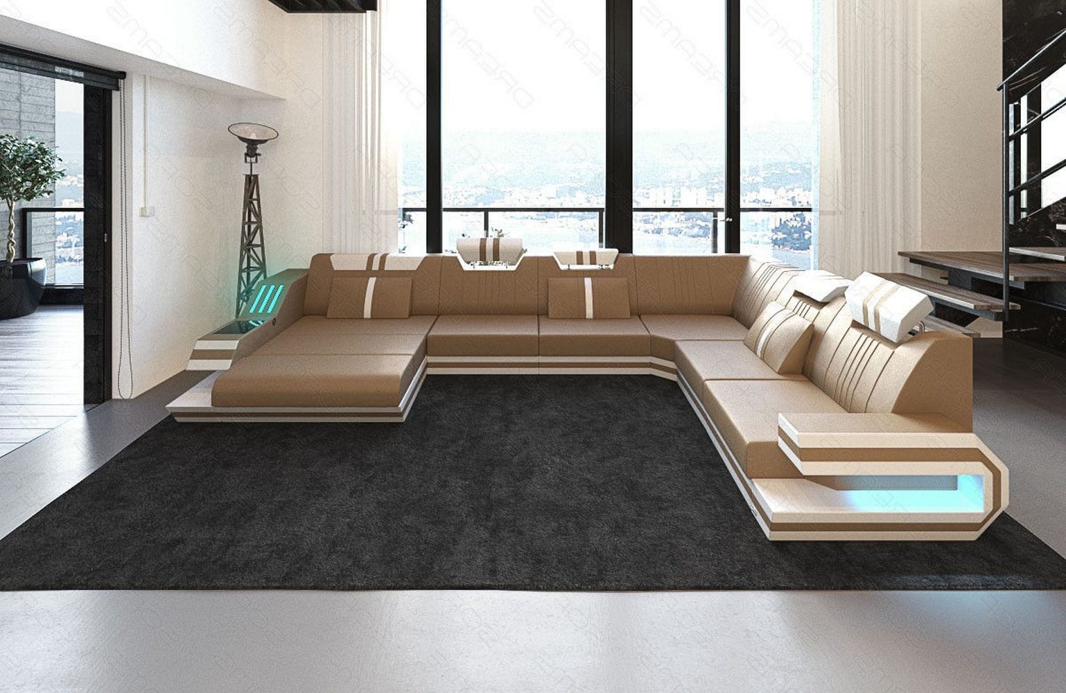 Ledersofa Wohnlandschaft Ravenna XL mit LED sandbeige-weiß