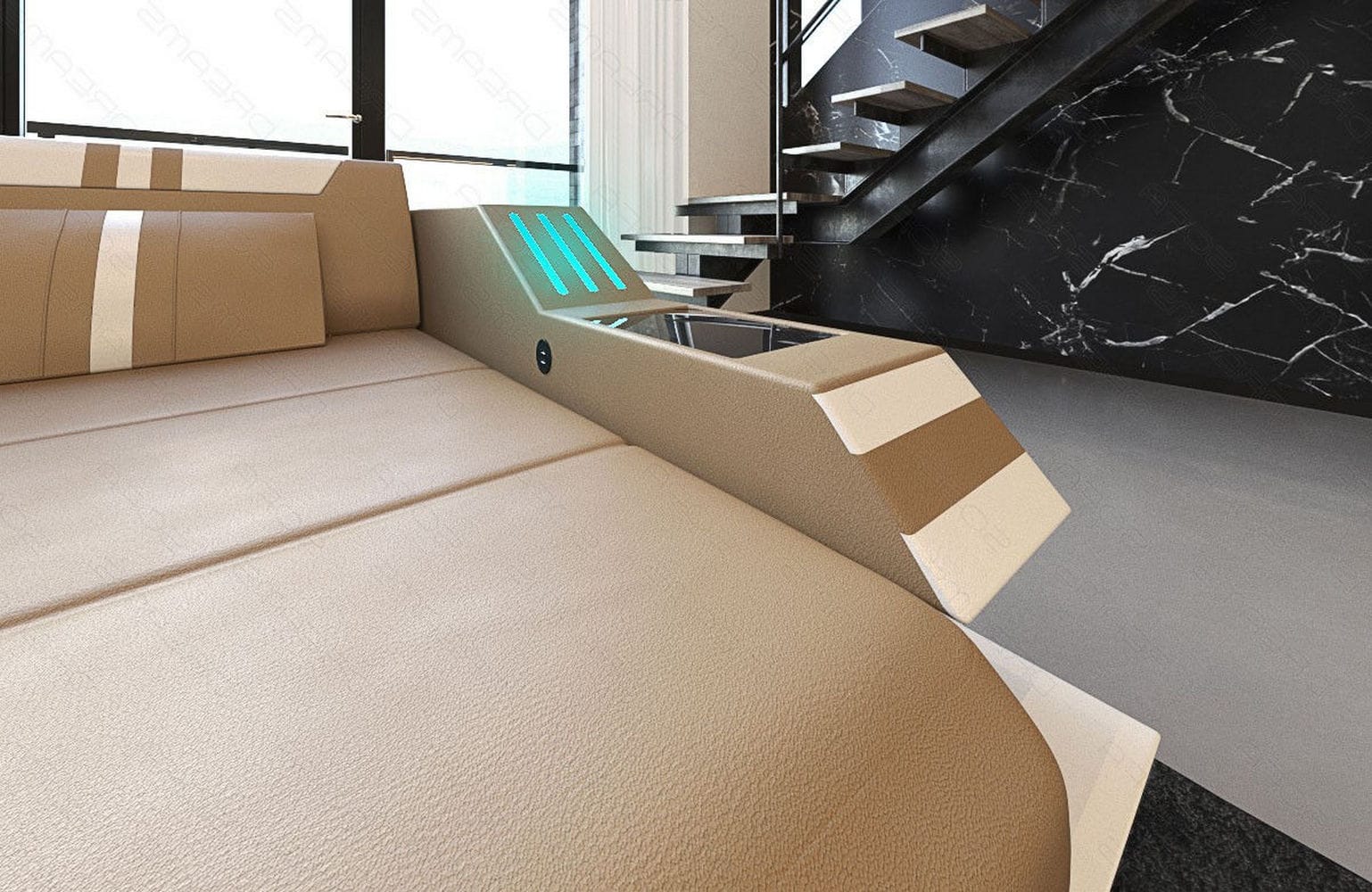 Ledersofa Wohnlandschaft Ravenna XL mit LED sandbeige-weiß