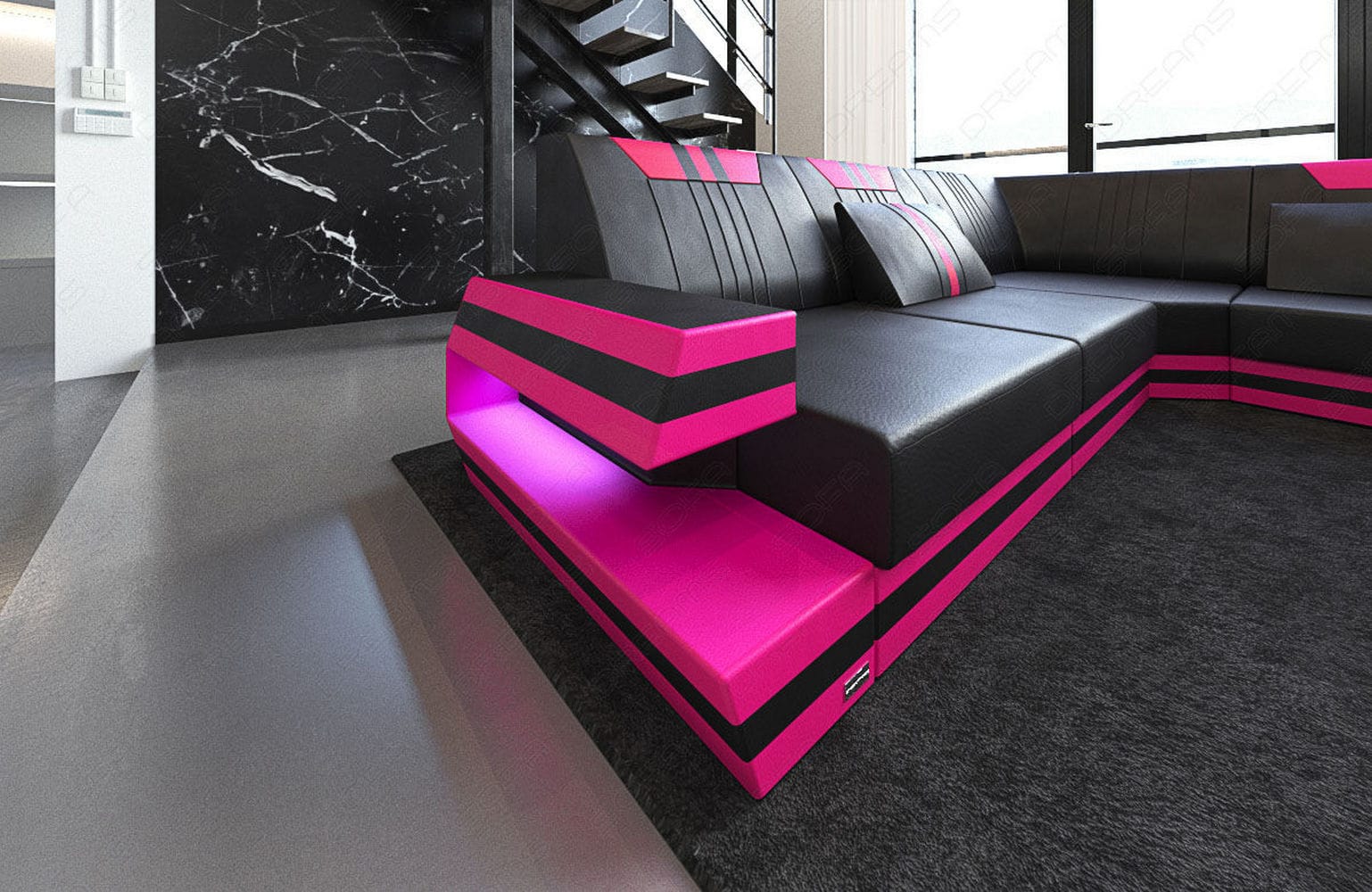 Ledersofa Wohnlandschaft Ravenna XL mit LED schwarz-pink