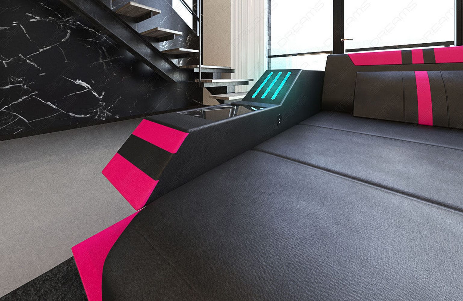 Ledersofa Wohnlandschaft Ravenna XL mit LED schwarz-pink