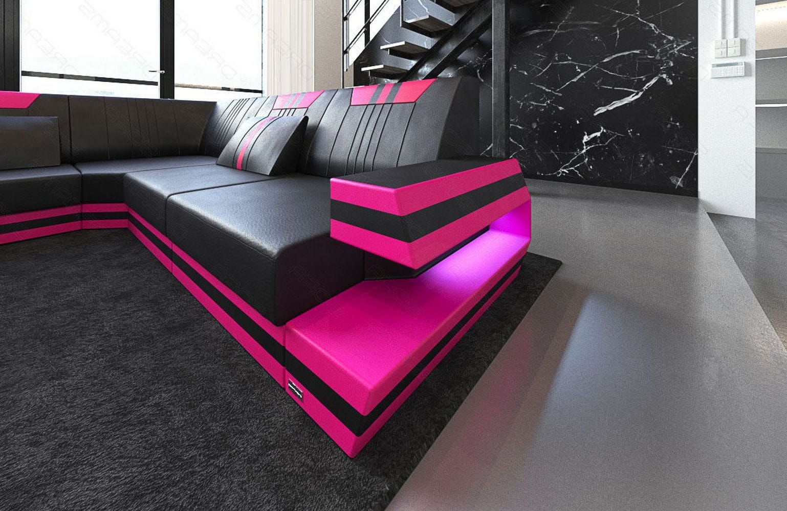 Ledersofa Wohnlandschaft Ravenna XL mit LED schwarz-pink